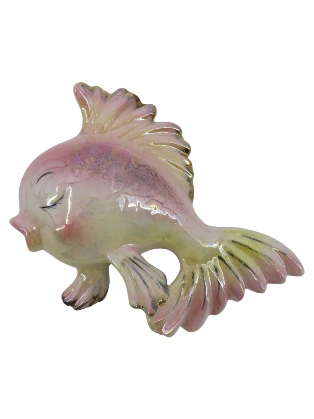 Norcrest 1950s Pink Iridescent Kissing Fish Ceramic Wall Plaque Hanging Vintage